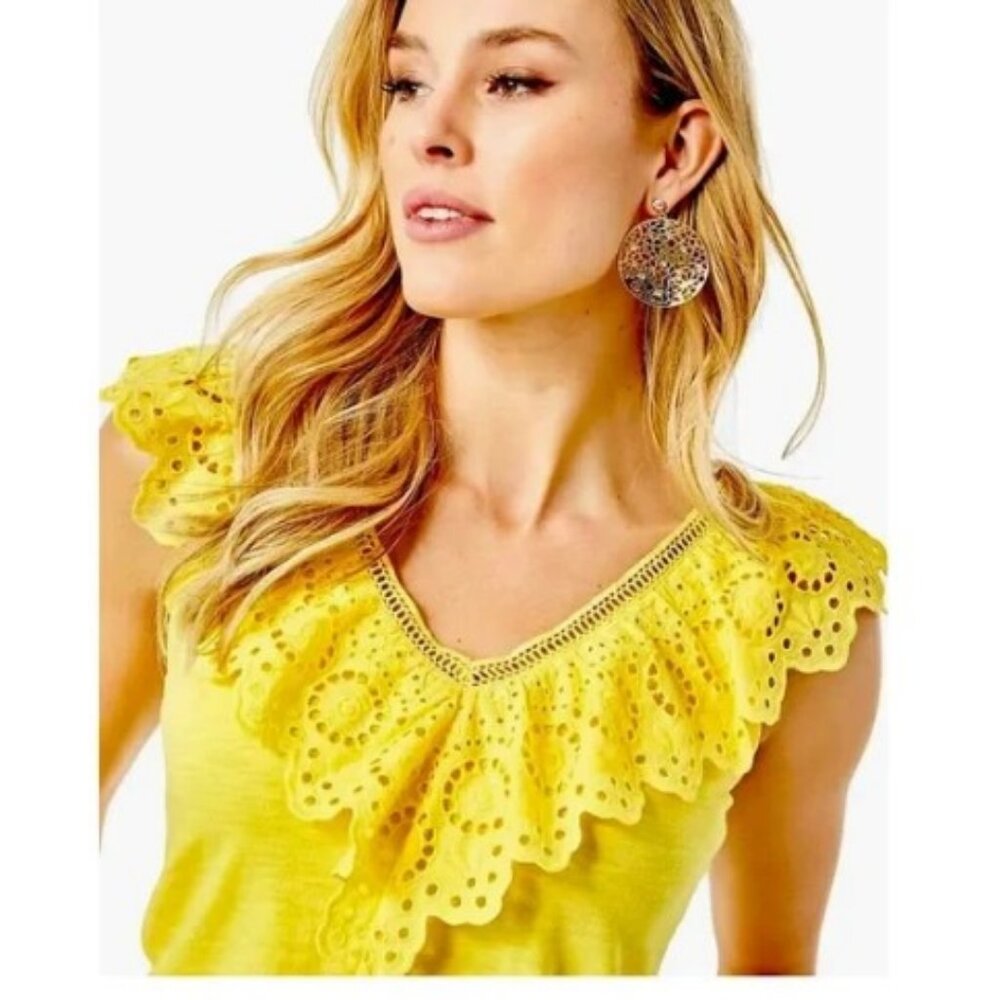 Lilly Pulitzer Plaza Top Size XS Resort Yellow Cotton Sleeveless Ruffle Tank Top